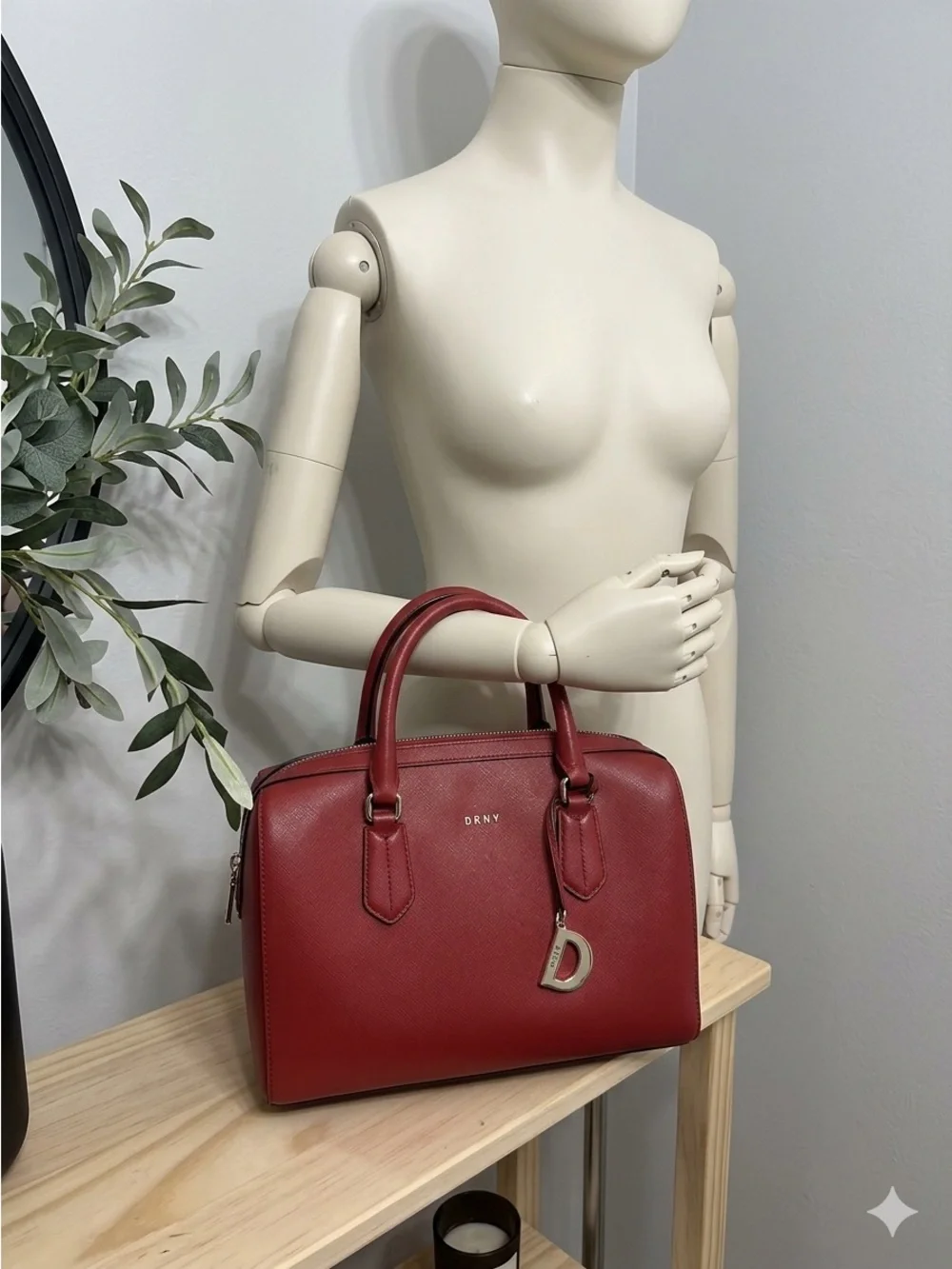Inspired DKNY Red Pebbled Leather Dome Satchel with Charm Accent